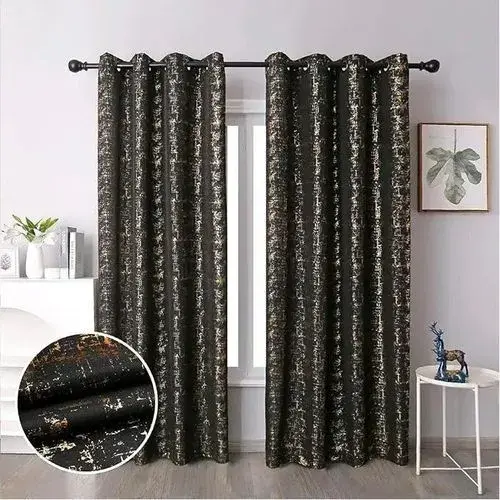 Gold Foil Print Linen Blackout Curtains 3PCs (1.5 mtrs each+1.5 mtrs each+Sheers: White :3 mtrs)